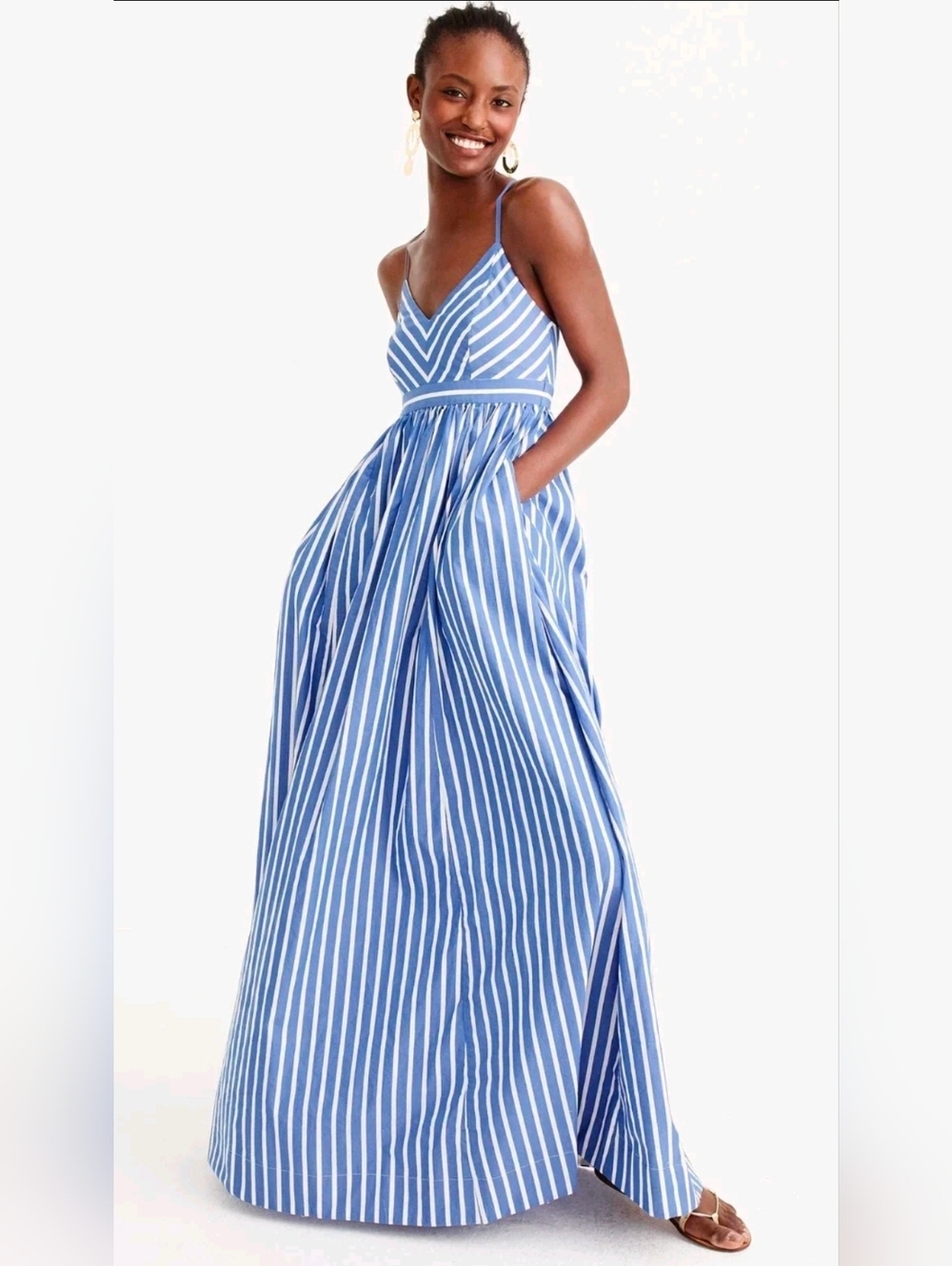 J. Crew Blue and White Striped Spaghetti‑Strap Maxi Dress